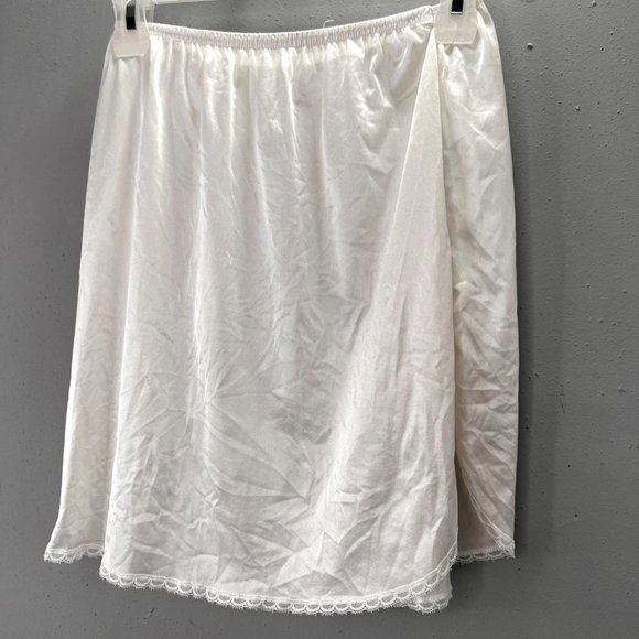 Vintage Half Slip White Satin Lace Trim size S M Elastic Waist Side Slit FLAW - Picture 1 of 4